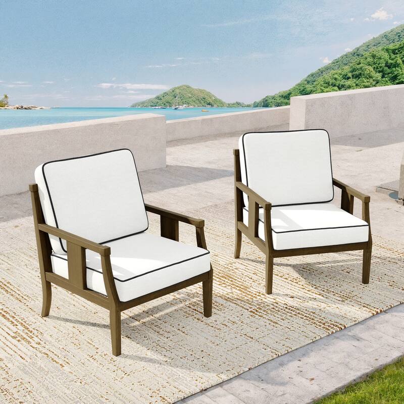 2 Set Brown Wood Outdoor Accent Club Chairs with Water-Resistant Cushions