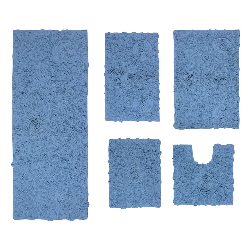 Bell Flower Collection 100% Cotton Non-Slip Bathroom Rug Set, Machine Washable Bath Rug, 5 Piece Bath Mat Set with Runner - Sky Blue