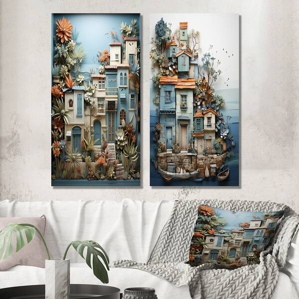 slide 2 of 6, Designart "Fishing Village Modern Collage II" Coastal Windows Canvas Set Of 2 - Nautical & Coastal Wall Art 2 Pieces