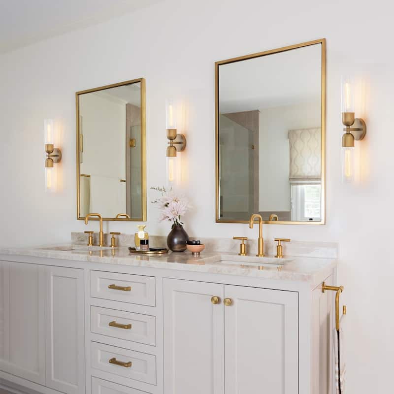 Modern 2-Light Wall Sconce with Ribbed Glass Tube Shades - Brass - 5" W x 4.6" D x 23.4" H