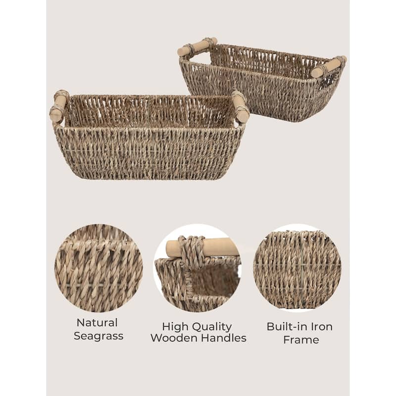 2-Pack Hand-Woven Storage Baskets with Wooden Handles, Wicker Basket for Organizing, Gift Choice