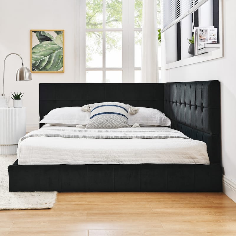 Full Size Daybed Grounded Bed Velvet Upholstered Tufted Bed Frame with L-shaped Backrest & Armrests for Livingroom or Bedroom