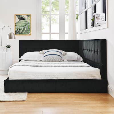 Full Size Daybed Grounded Bed Velvet Upholstered Tufted Bed Frame with L-shaped Backrest & Armrests for Livingroom or Bedroom
