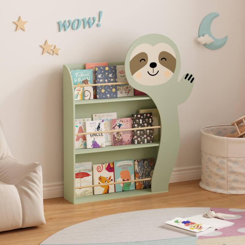 AnmytekSloth Kids Bookshelf, Front-Facing Toddler Book Display Rack with 3 Tiers, Cute Animal Design, Wooden Nursery Bookshelf