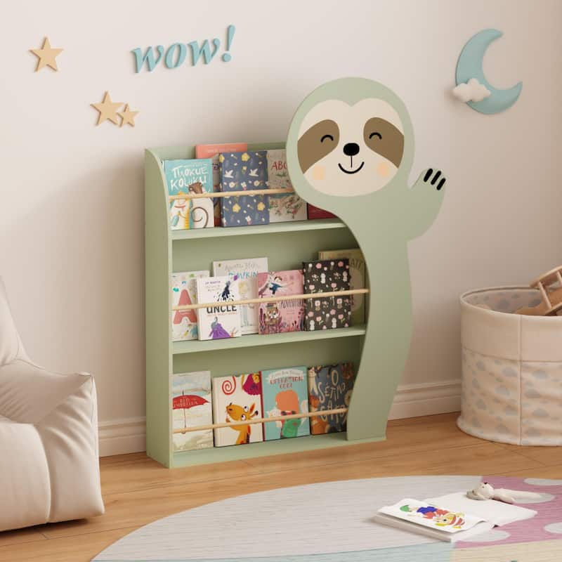 Sloth Kids Bookshelf, Front-Facing Toddler Book Display Rack with 3 Tiers, Cute Animal Design, Wooden Nursery Bookshelf