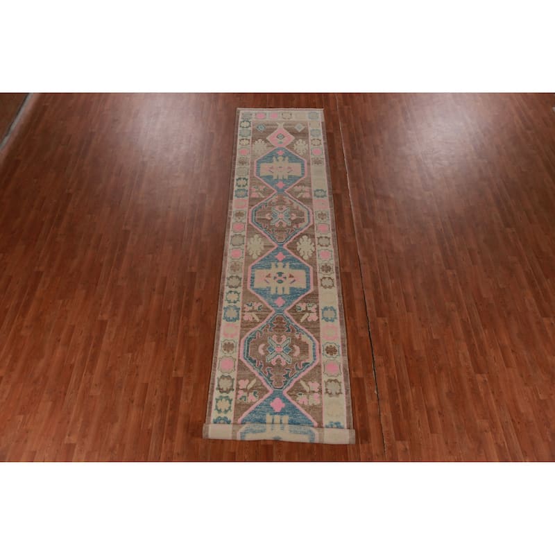 Hand Knotted Oriental 100% Wool Carpet Transitional Geometric Brown Oushak Runner Rug - 16' 1'' X 3' 5''