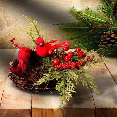 10" Cedar and Berry Cardinals Nest Clip Ornament