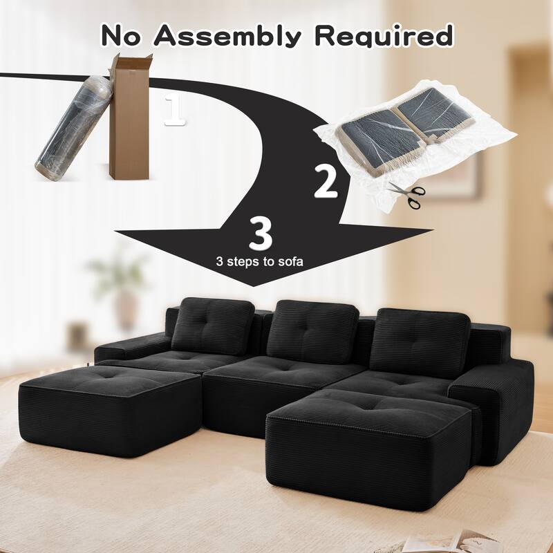Roomfitters No Assembly Modular Sofa, 117 Inch Corduroy 3-Seater with Piping, Black