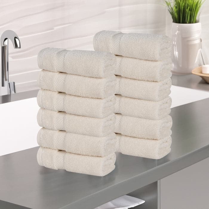 Superior Zero Twist Cotton Soft Absorbent Face Towel Washcloth Set of 12 - Ivory