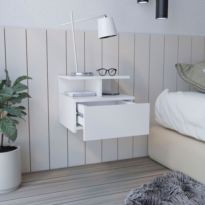 Floating Nightstand , End Table, Side Table Drawer, Open Top Shelves