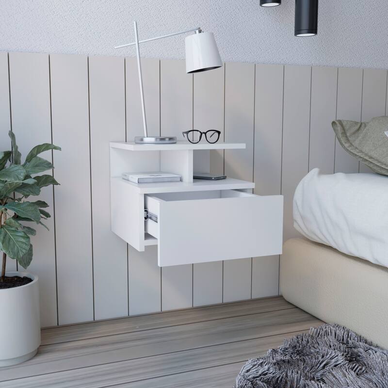 Floating Nightstand with Drawer and Open Shelves, Wall-Mounted Space-Saving Side Table - White