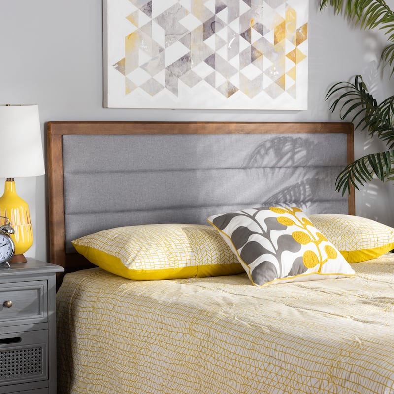 Modern Light Grey Fabric Upholstered King Size Headboard with Walnut Wood Frame, Sleek Contemporary Design