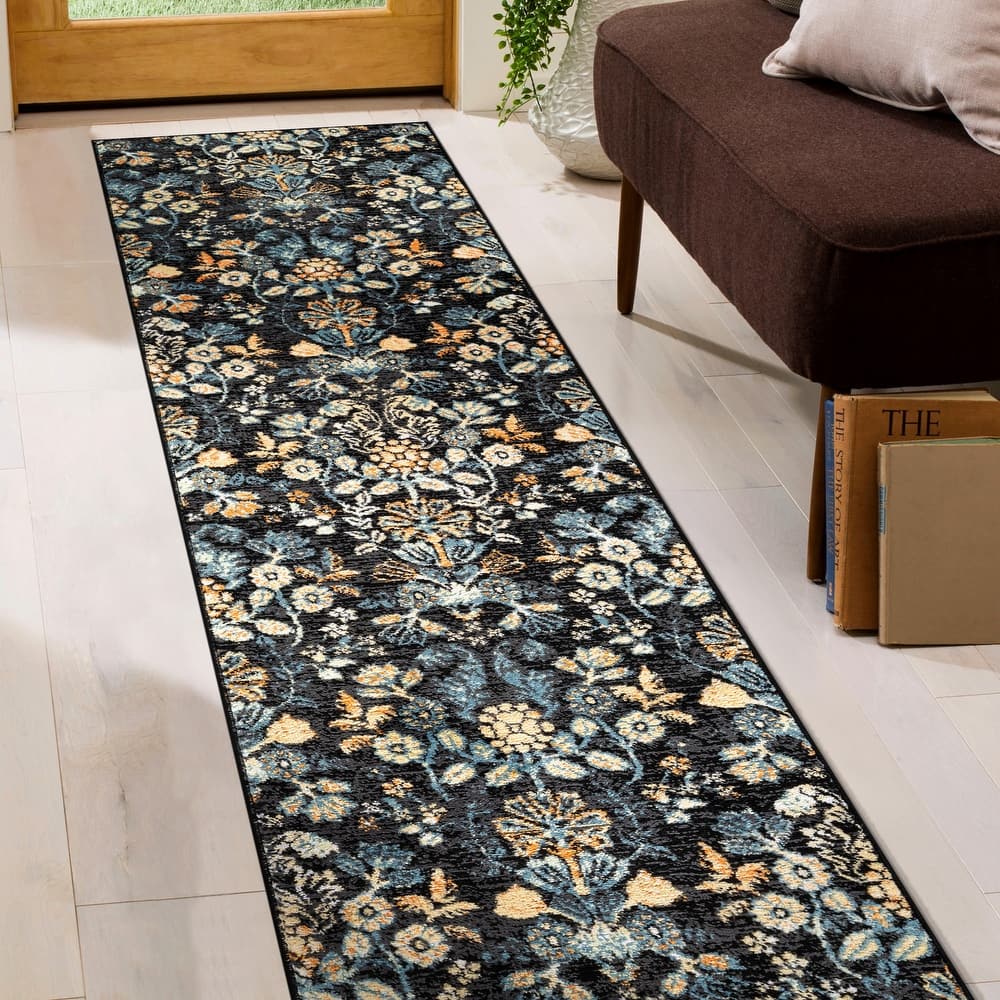 World Rug Gallery Black / Multi Symmetrical Floral Area Rug
