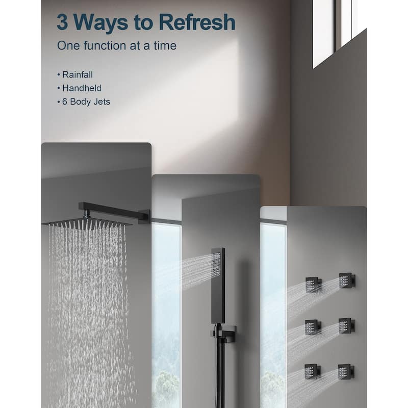 GRANDJOY 12 Inch Wall Mounted Digital Temperature Display Shower System Rainfall Shower Head with 6 Body Jets