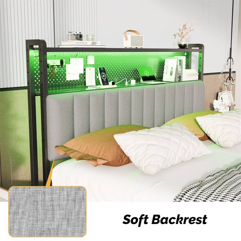 Adjustable Upholstered Headboard with 2 Tier Shelves with Charging Stations and LED Lights, Modern Bed Headboard with Storage