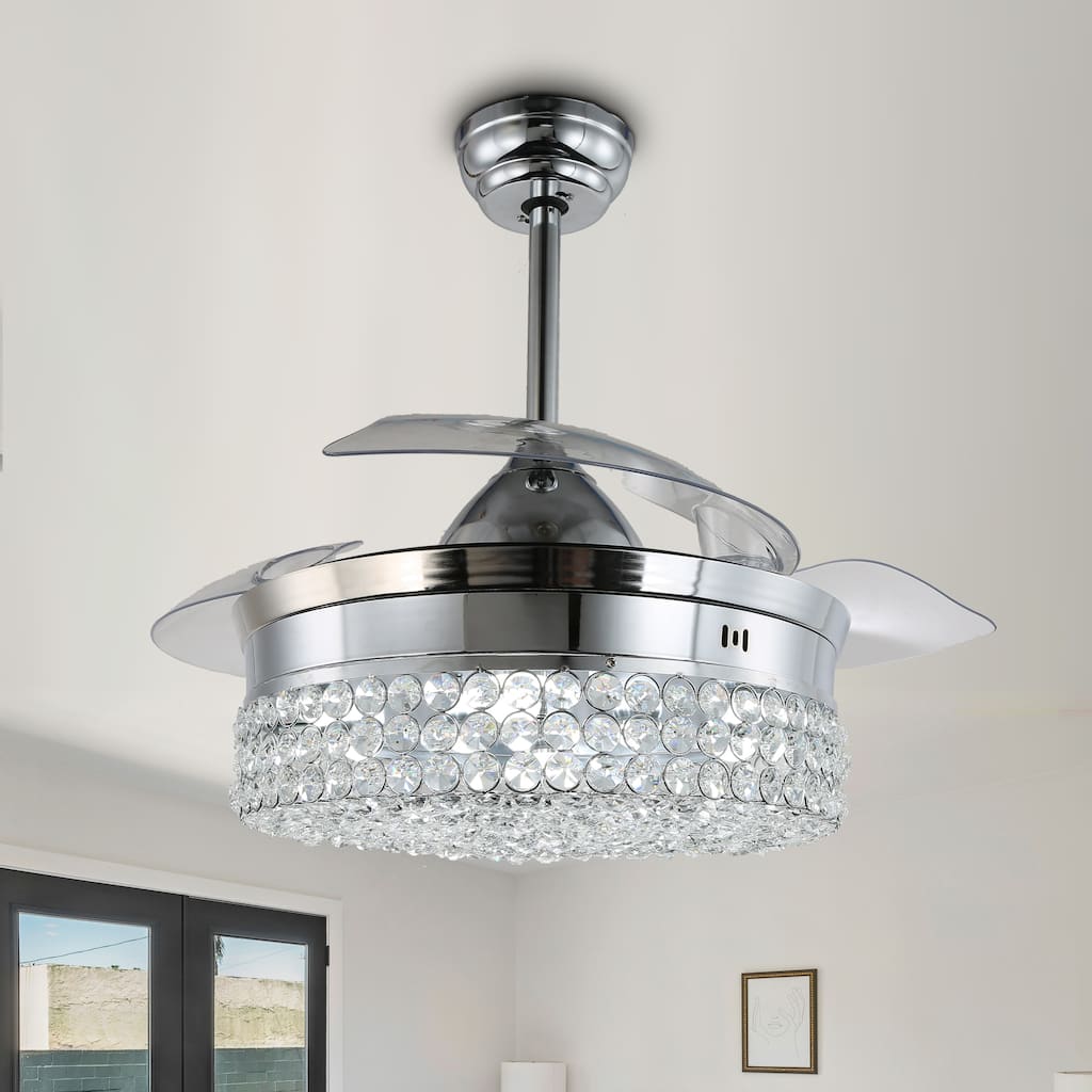CurveCurio Modern Retractable Ceiling Fan with Crystal Shade, LED Kit Include 3 Light Tones Remote Control - 42 Inches