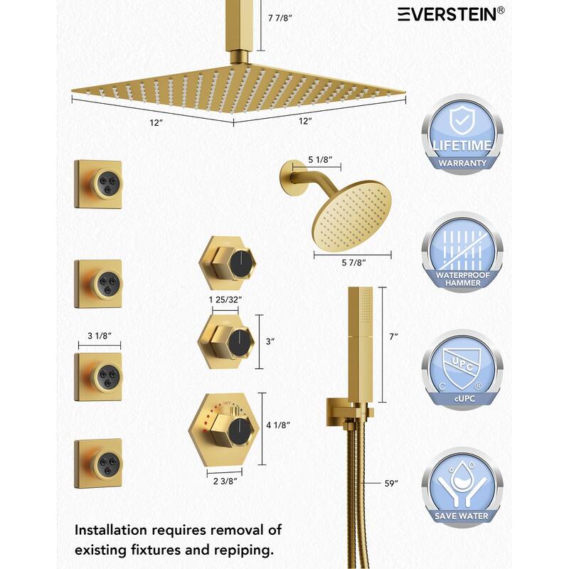 Dual Heads Thermostatic Shower Faucet with 12" Rainfall Shower, Handhels Spray And Body Jets - 12" x 6"
