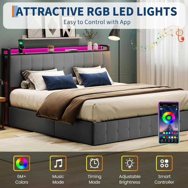 Bed Frame with Lift Up Storage and Charging Station