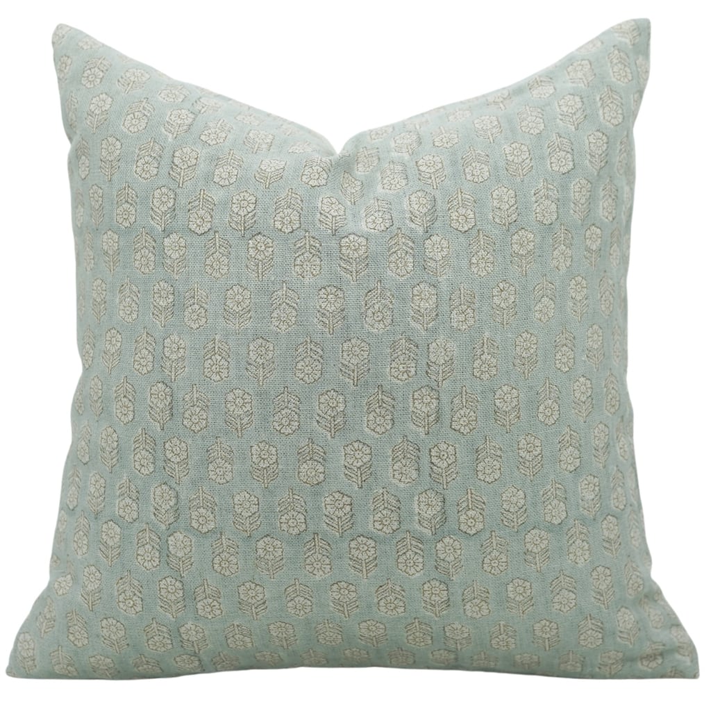 Fabdivine Handblock Print Decorative Farmhouse Floral Thick Linen Cushion for Sofa Bed and Lounge Light Blue, Tulsi Buti