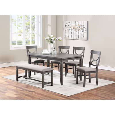 6 Piece Wood Dining Table Set, Kitchen Dining Room Table Set with Rectangle Table, 4 Upholstered Chairs and Bench