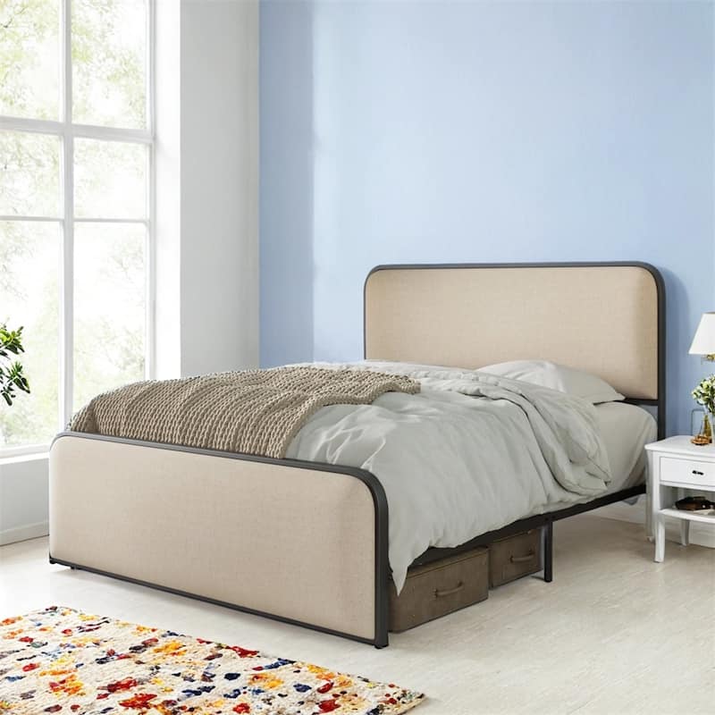 Modern Metal Bed Frame w/Curved Upholstered Headboard & Footboard Bed