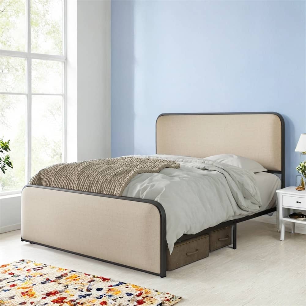 Modern Metal Bed Frame w/Curved Upholstered Headboard & Footboard Bed