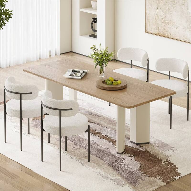 Curved Backrest Round Upholstered Sherpa Dining Chairs with Metal Legs (Set of 4)