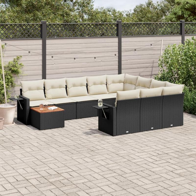 vidaXL Patio Sofa Set with Cushions Outdoor Furniture 11 Piece Poly Rattan - Black and Cream Table + 2x corner + 6x middle - 122.8 x 92.1 x 33.5