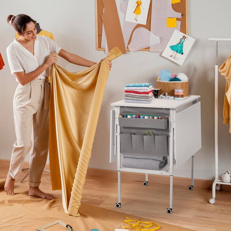 Height Adjustable Craft Table with Storage Shelves, Mobile Folding Cutting Table for Home Office Sewing Room Craft Room