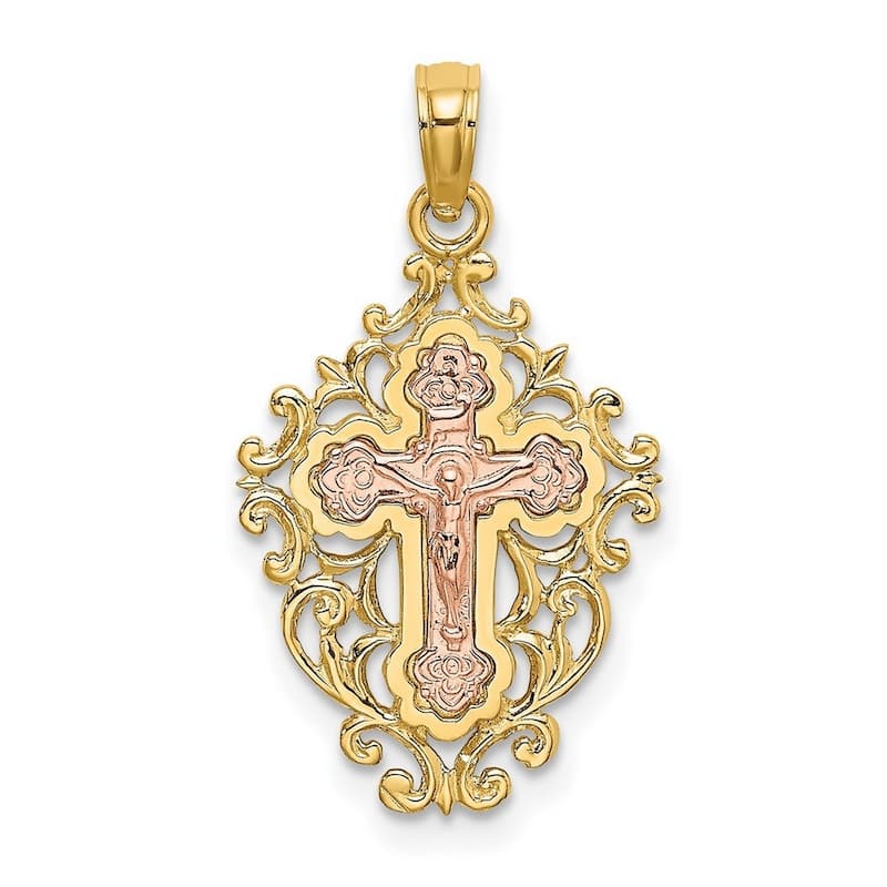 Curata 14k Two tone Gold Crucifix Cross With Lace Trim Pink Jesus Center Pendant Necklace, 18"
