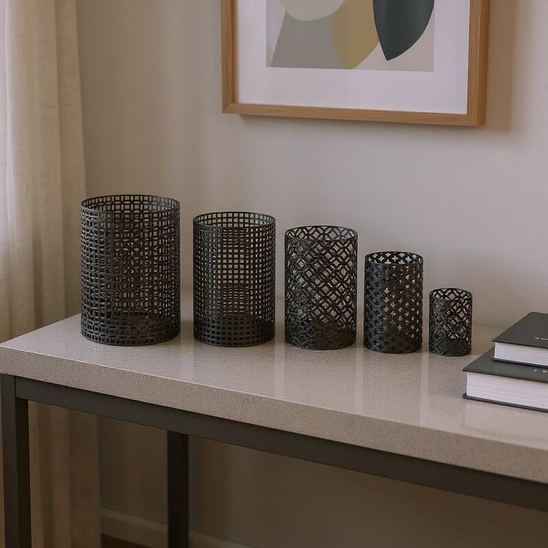 Set of Five Dark Brown Pierced Geometric Metal Tabletop Hurricane Candle Holders - Dark Brown