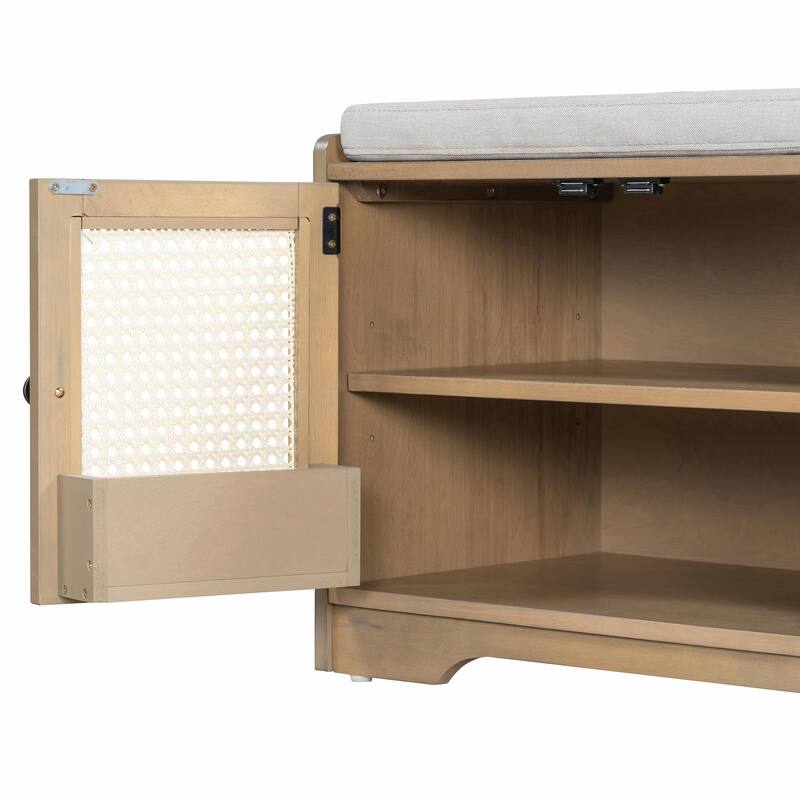 Rustic Storage Bench with Removable Cushion, Woven Rattan Doors & Adjustable Shelves