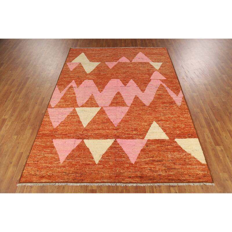 Orange Geometric Moroccan Oriental Area Rug Hand-Knotted Wool Carpet - 6'10" x 9'9"