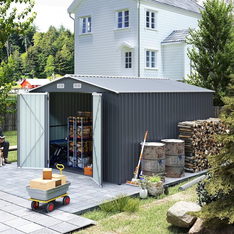 Campcraft Grey Outdoor Metal Storage Shed (9×11 FT) – Utility Tool Shed Equipped With 3 Lockable Doors And 4 Vents. - 9×11 FT