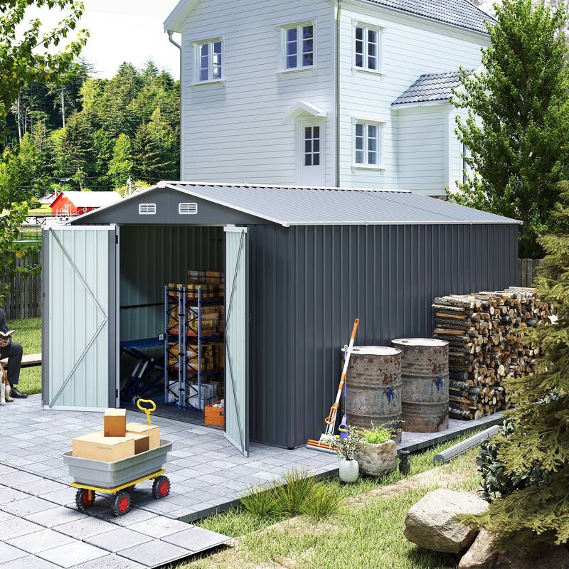 Outdoor Storage Shed 9×11 FT with 3 Lockable Doors,Utility Tool Shed Metal Storage Garden Sheds 4 Vents,Metal Sheds