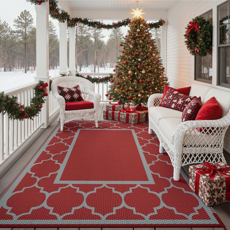 Reversible Dark Geometric Flat-Weave All-Season Outdoor Rug - 6'X9'