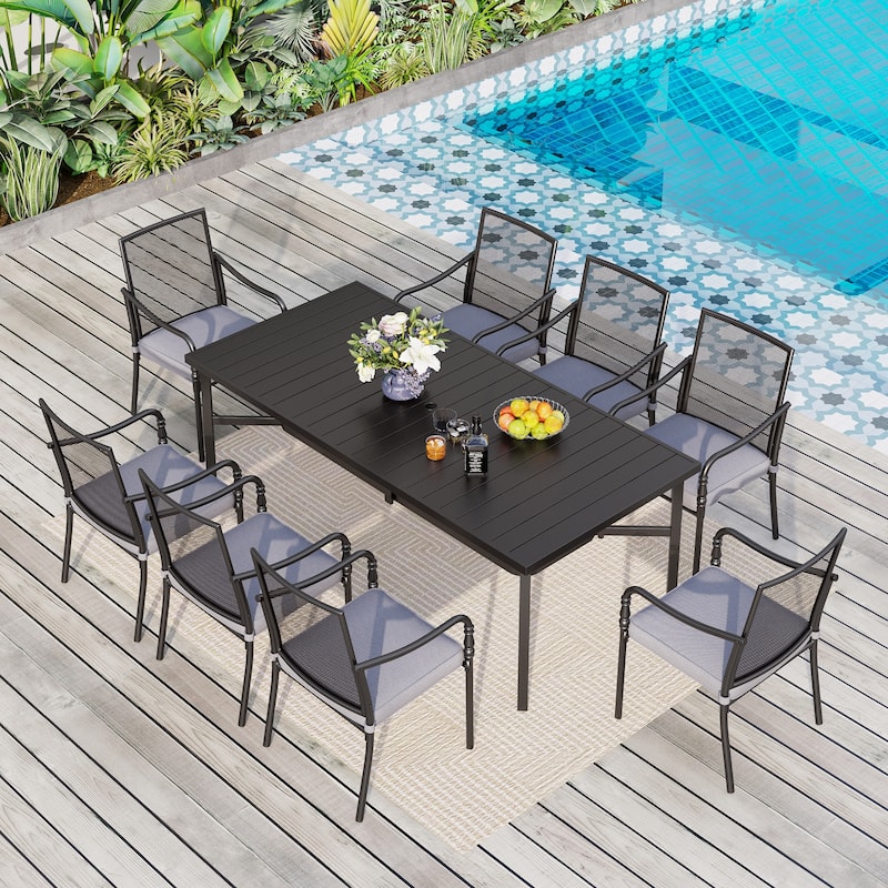 MAISON ARTS 9-Piece Patio Dining Set with Square/Rectangular Metal Table and 8 Gourd Head Shape Armrest Dining Chairs - Rectangular+Mesh Chairs
