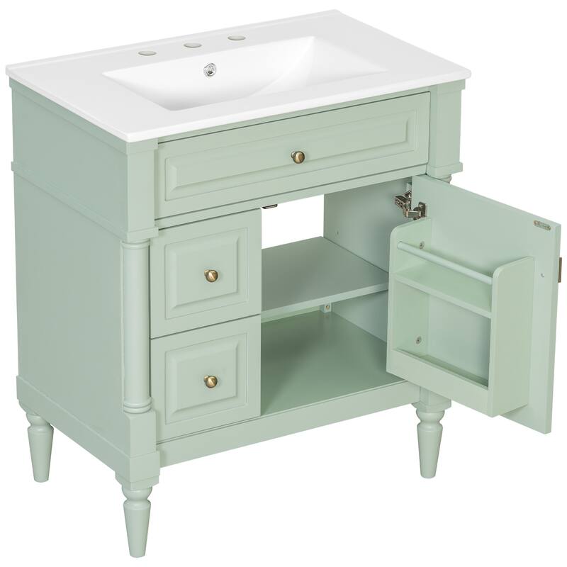 Roomfitters 30" Bathroom Vanity with Sink, Solid Wood Frame, Flip Drawer, 2 Drawers & Door Rack