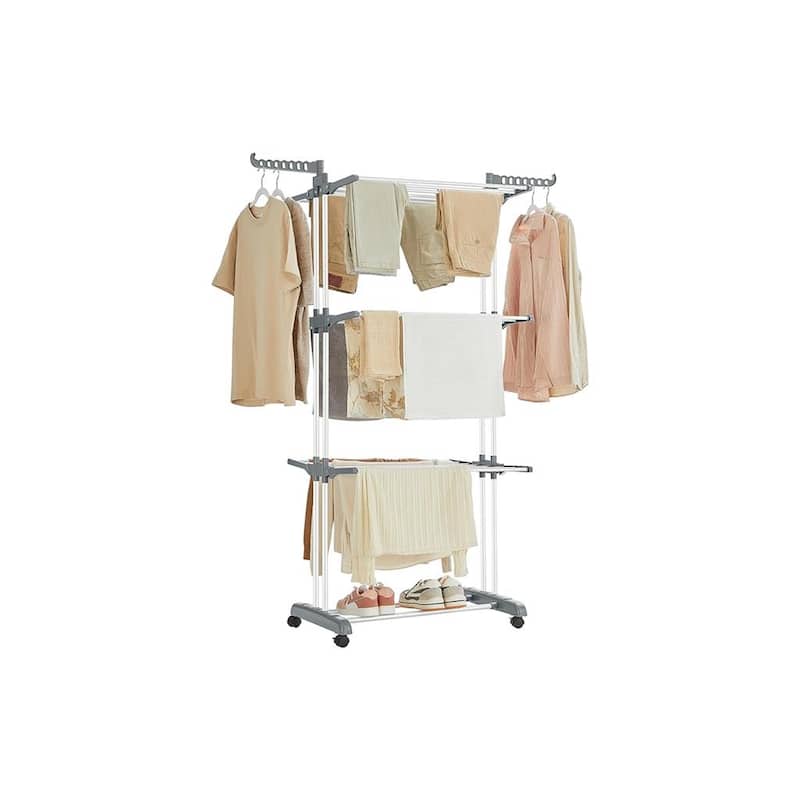 Steel Plastic 4-Tier Drying Rack with Wheels and Foldable Wings - 25"D x 50.4"W x 68.1"H - White