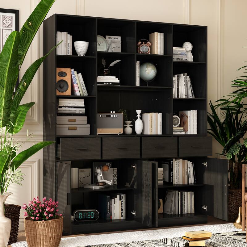 78.7" Large Bookcase,4 door, 4 drawer with Display Storage Shelves - 78.7"H x 63"W