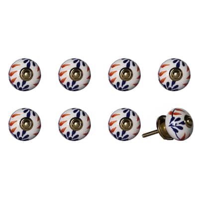 Set of 8 Ceramic Drawer Knobs Blue White Round Cabinet Pulls Hand Painted Floral Design - 1.5” x 1.5” x 1.5”