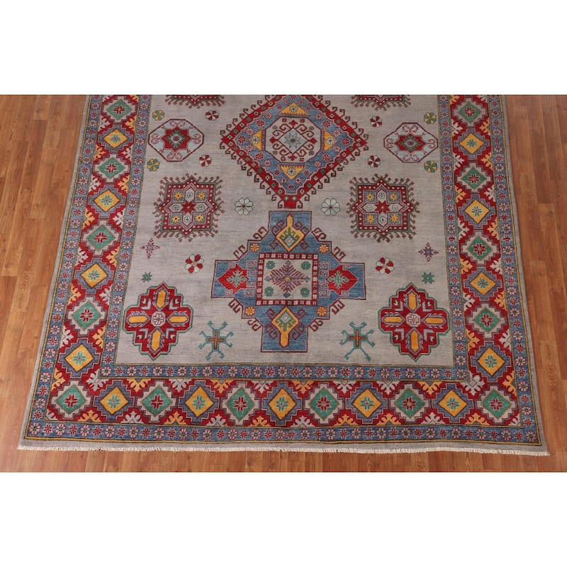 Grey Geometric Kazak Area Rug Hand-Knotted Wool Carpet - 8'2"x 11'5"