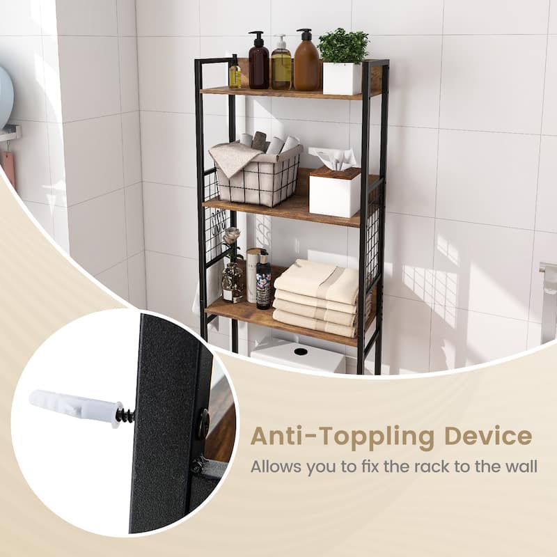 3-Tier Over-The-Toilet Bathroom Storage Rack Rustic Brown Wood and Steel Organizer with Hooks - 23.5" x 9.5" x 68" (L x W x H)