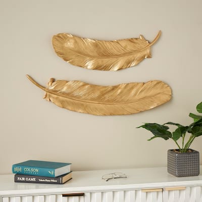 Gold Resin Feather Bird Home Wall Decor (Set of 2)
