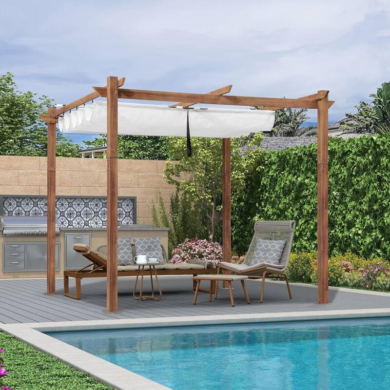 PURPLE LEAF Gazebo Wood Grain Metal Frame Pergola with Extra Top Roof for Patio
