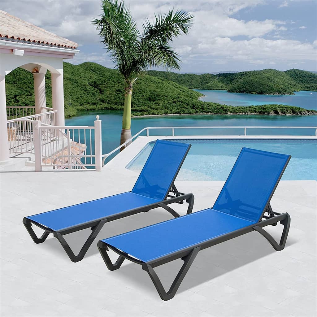 5 Adjustable Aluminium Polypropylene Outdoor Chaise Lounge Chairs in Blue, 2 Lounge Chairs - N/A