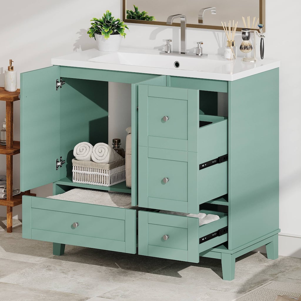 36 Inch Modern Green Bathroom Vanity with USB Charging, Resin Sink, 2 Doors and 3 Drawers