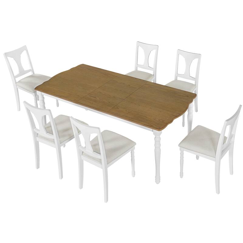 7-Piece Dining Table Set,Extendable Wood Dining Table with Removable Leaf, Kitchen Table Set with 6 Upholstered Side Chair