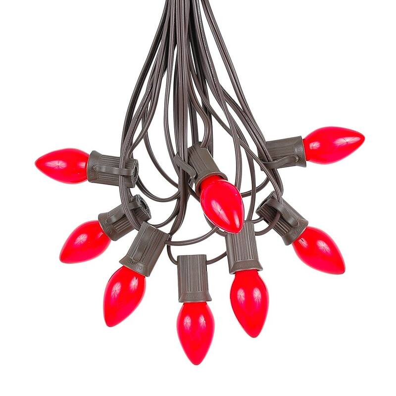 25 Foot C7 Ceramic Christmas Light Set, Hanging String Lights, Brown Wire - Red