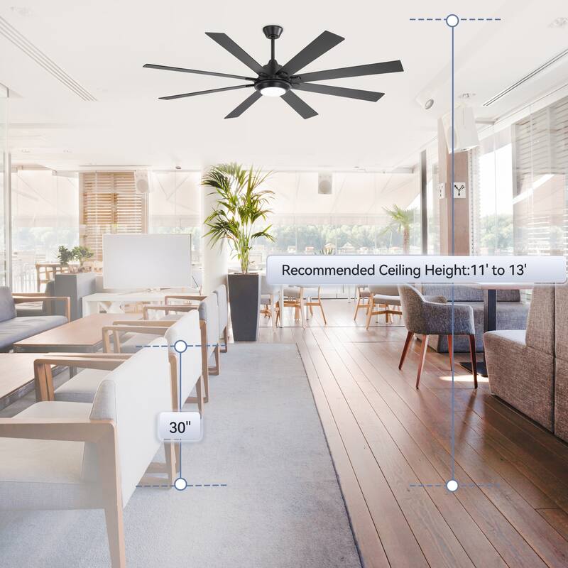 65"/72" Modern Black LED Ceiling Fan with Light Remote (8 Reversible Blades)